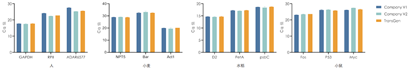 使用Company V1、Company V2、TransGen产品，以不同物种RNA为模板  进行反转录后定量扩增不同基因。 结果表明，TransGen产品可适用于多种物种。